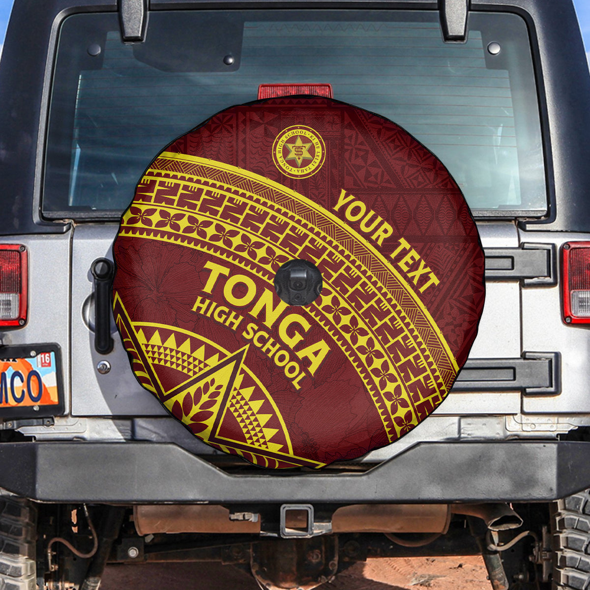Tonga High School Spare Tire Cover THS Anniversary Ngatu Motif LT7 Maroon - Polynesian Pride