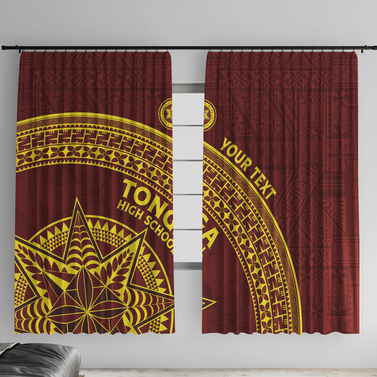 Tonga High School Window Curtain THS Anniversary Ngatu Motif LT7 With Hooks Maroon - Polynesian Pride