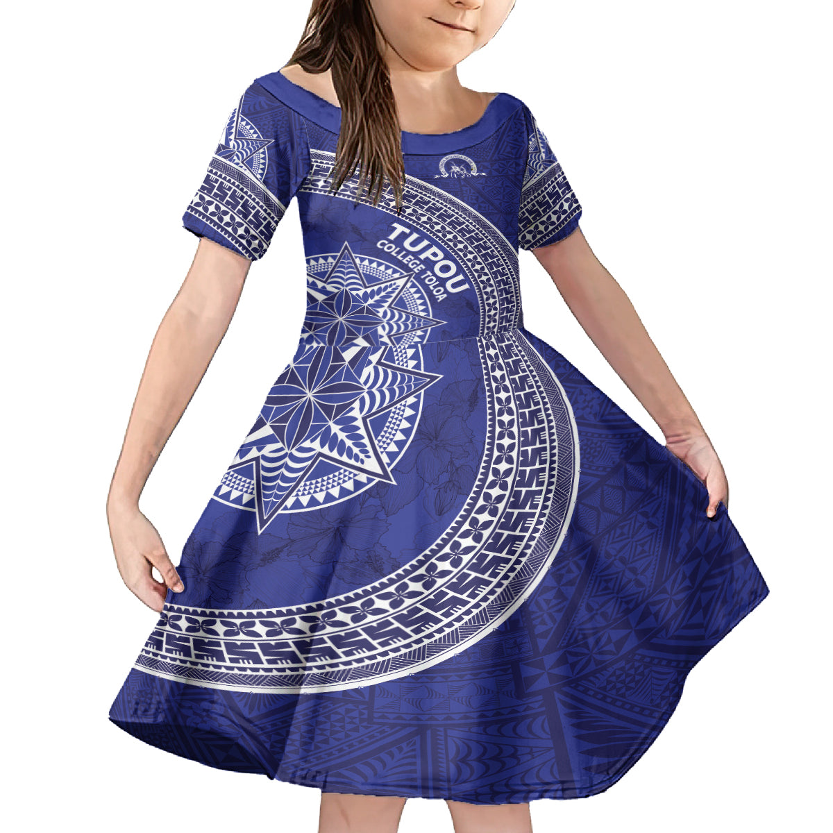 Tupou College Toloa Kid Short Sleeve Dress Ngatu Tapa Mix Style LT7 KID Blue - Polynesian Pride