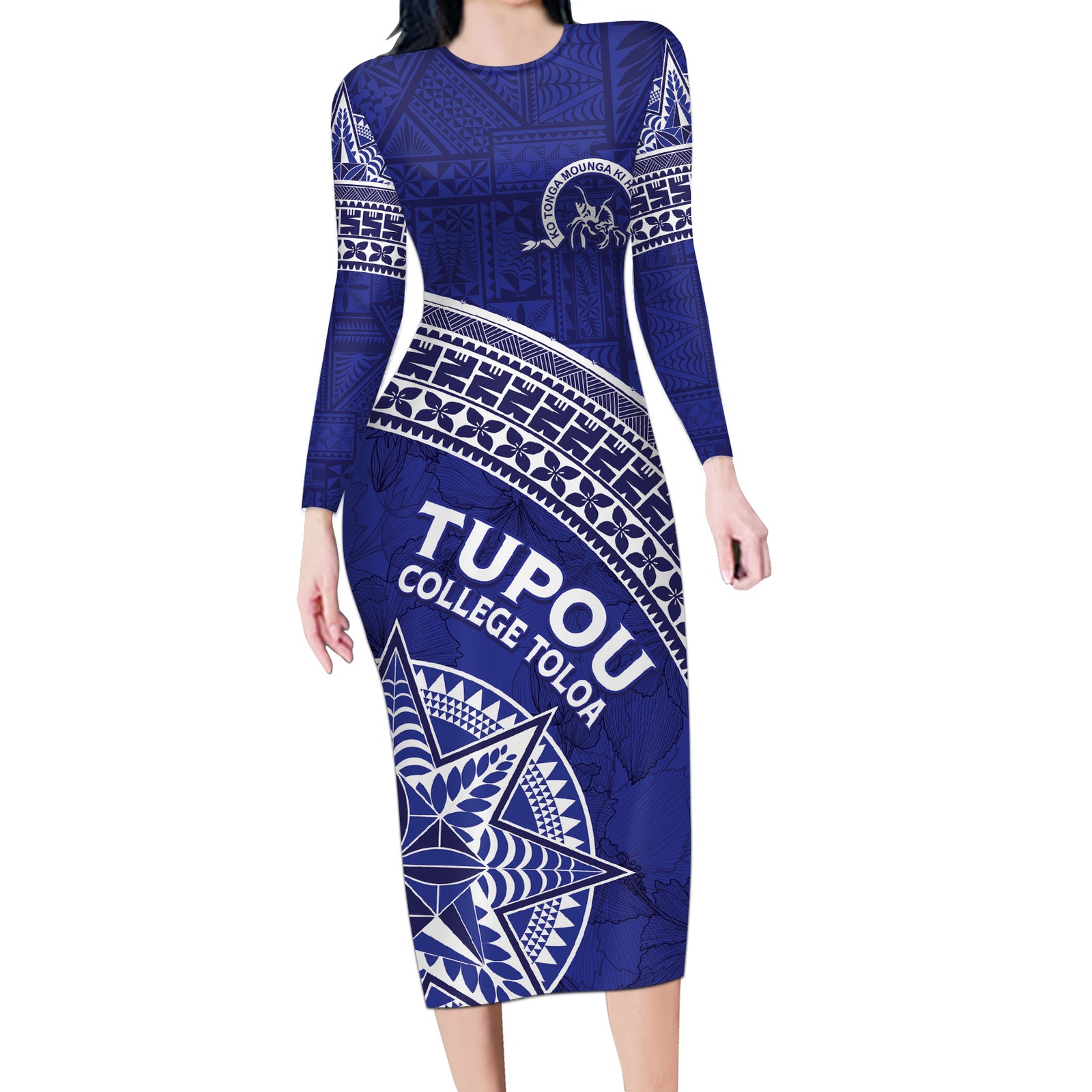Tupou College Toloa Long Sleeve Bodycon Dress Ngatu Tapa Mix Style LT7 Long Dress Blue - Polynesian Pride