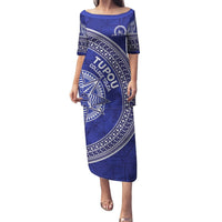Tupou College Toloa Puletasi Ngatu Tapa Mix Style LT7 Long Dress Blue - Polynesian Pride