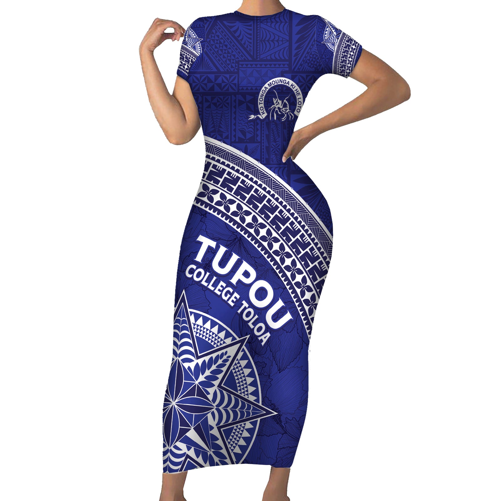 Tupou College Toloa Short Sleeve Bodycon Dress Ngatu Tapa Mix Style LT7 Long Dress Blue - Polynesian Pride