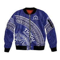 Tupou College Toloa Sleeve Zip Bomber Jacket Ngatu Tapa Mix Style LT7 Unisex Blue - Polynesian Pride
