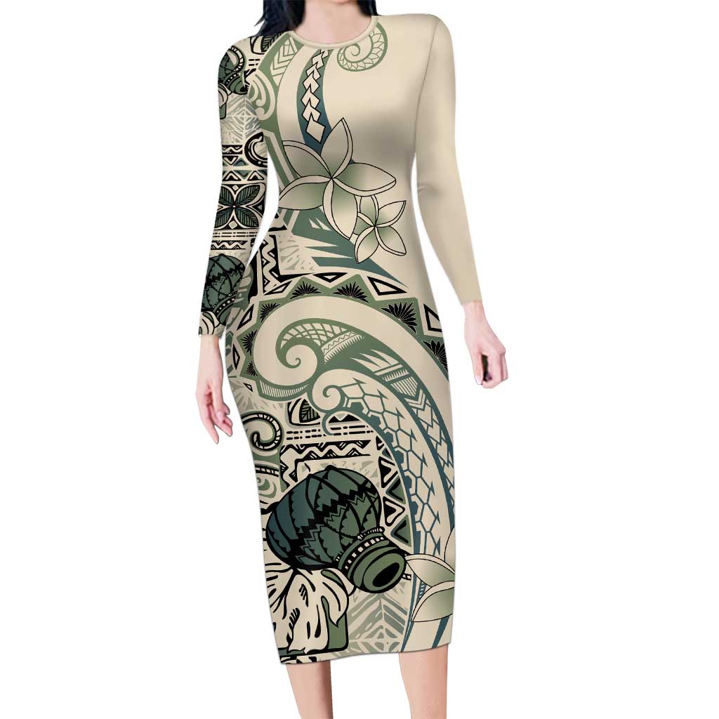 Aloha Hawaii Tapa Long Sleeve Bodycon Dress Summer Green Hawaiian Ipu LT7 Long Dress Emerald - Polynesian Pride