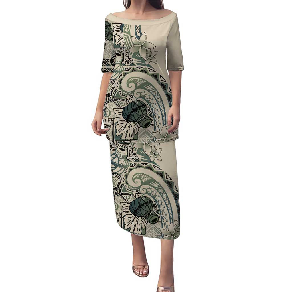 Aloha Hawaii Tapa Puletasi Summer Green Hawaiian Ipu LT7 Long Dress Emerald - Polynesian Pride