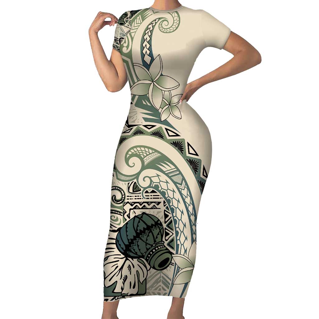 Aloha Hawaii Tapa Short Sleeve Bodycon Dress Summer Green Hawaiian Ipu LT7 Long Dress Emerald - Polynesian Pride