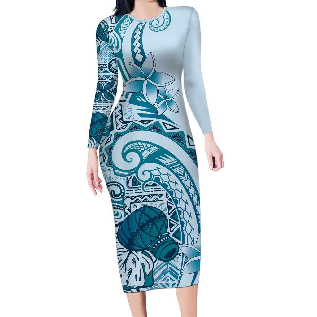 Aloha Hawaii Tapa Long Sleeve Bodycon Dress Cool Turquoise Hawaiian Ipu LT7 Long Dress Turquoise - Polynesian Pride