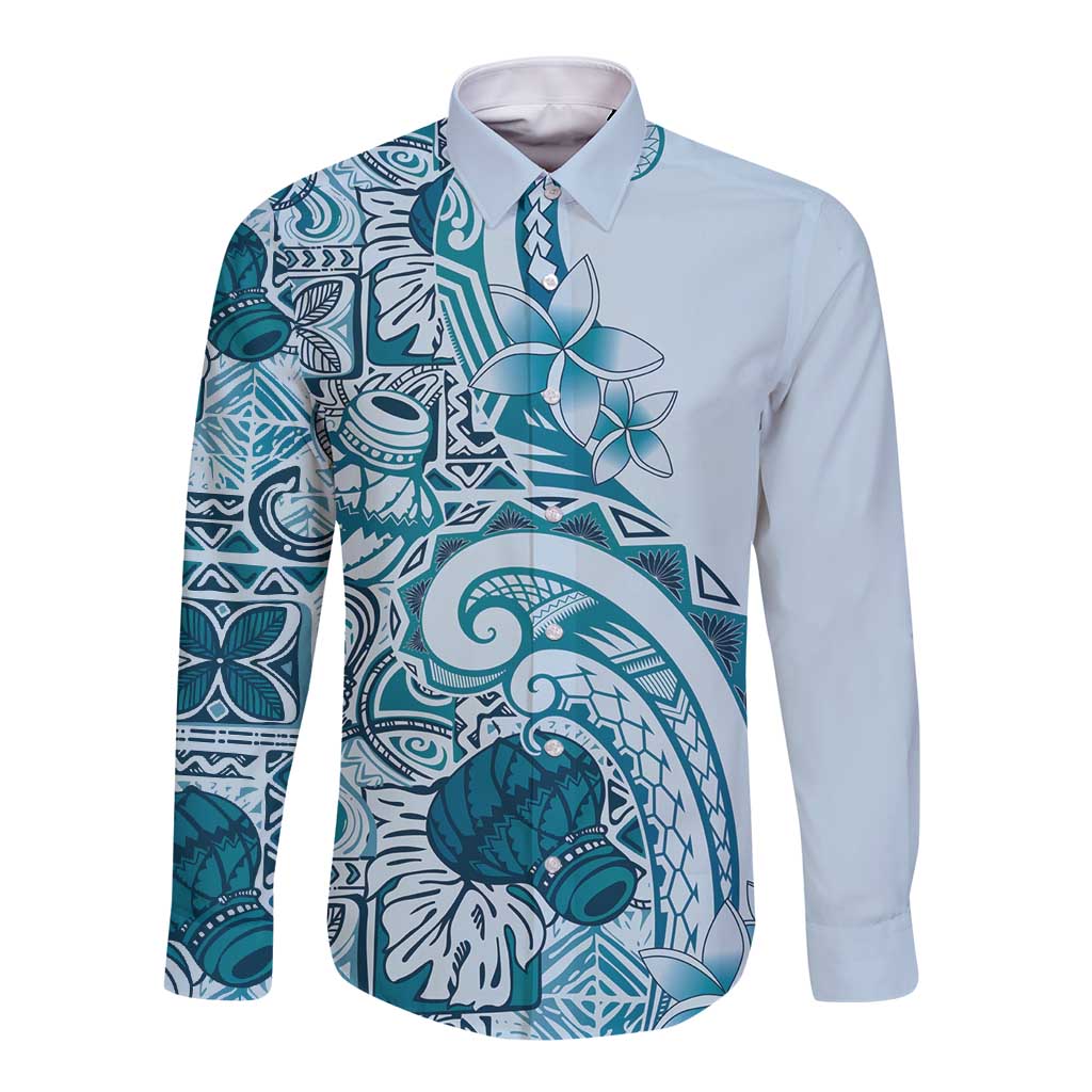 Aloha Hawaii Tapa Long Sleeve Button Shirt Cool Turquoise Hawaiian Ipu LT7 Unisex Turquoise - Polynesian Pride