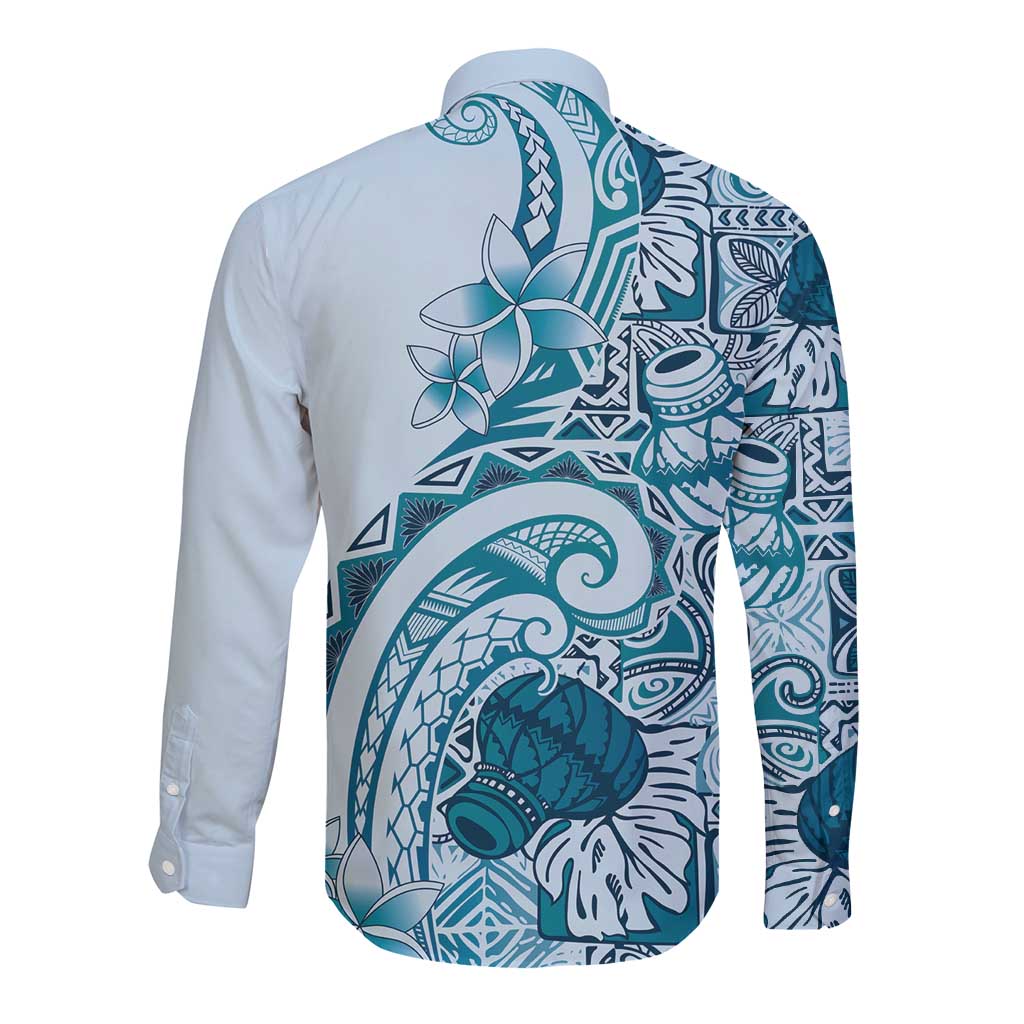 Aloha Hawaii Tapa Long Sleeve Button Shirt Cool Turquoise Hawaiian Ipu LT7 - Polynesian Pride