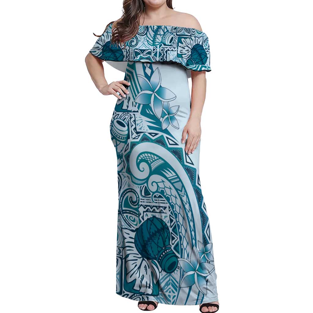 Aloha Hawaii Tapa Off Shoulder Maxi Dress Cool Turquoise Hawaiian Ipu LT7 Women Turquoise - Polynesian Pride