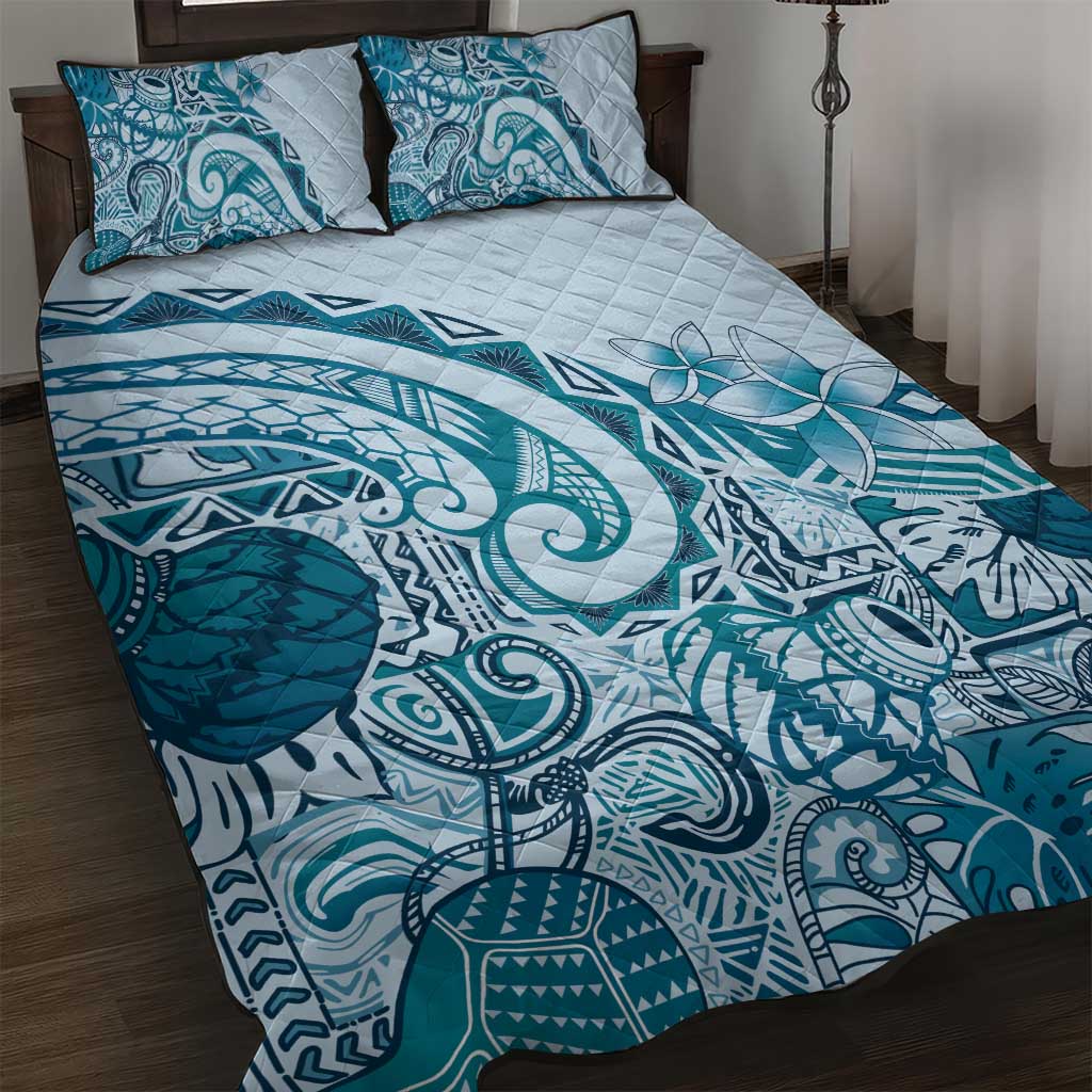 Aloha Hawaii Tapa Quilt Bed Set Cool Turquoise Hawaiian Ipu LT7 Turquoise - Polynesian Pride