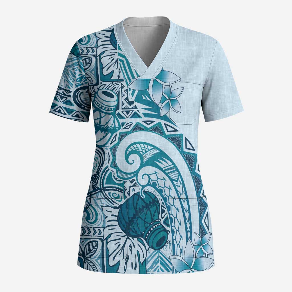 Aloha Hawaii Tapa Scrub Top Cool Turquoise Hawaiian Ipu LT7 Adult Turquoise - Polynesian Pride