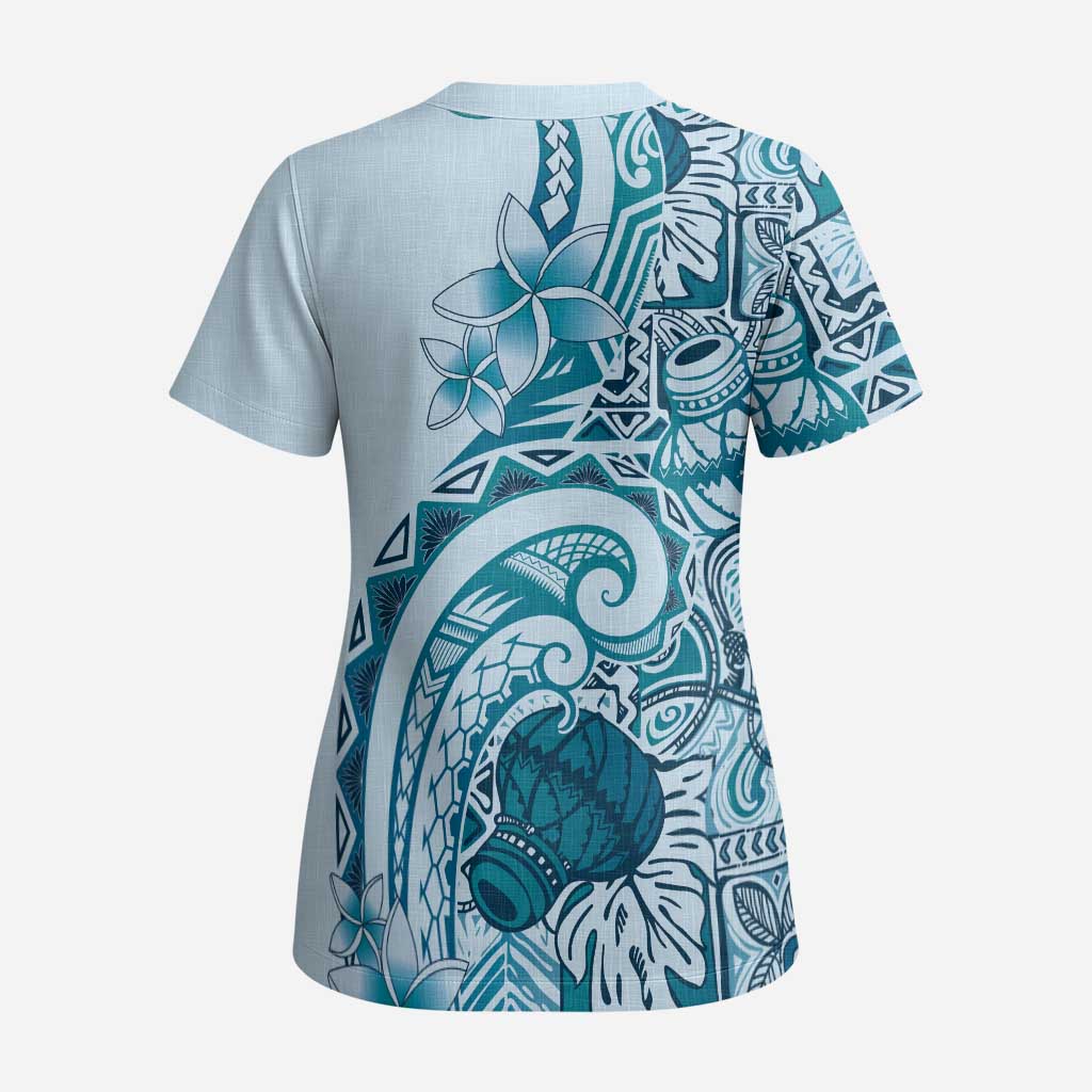 Aloha Hawaii Tapa Scrub Top Cool Turquoise Hawaiian Ipu LT7 - Polynesian Pride