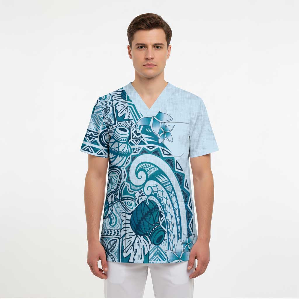 Aloha Hawaii Tapa Scrub Top Cool Turquoise Hawaiian Ipu LT7 - Polynesian Pride