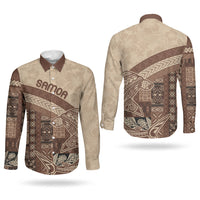 Samoa Mamanu Siapo Mocha Couples Matching Off Shoulder Maxi Dress and Long Sleeve Button Shirt Tatau Malie LT7 - Polynesian Pride