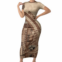 Samoa Mamanu Siapo Mocha Short Sleeve Bodycon Dress Tatau Malie LT7 Long Dress Beige - Polynesian Pride