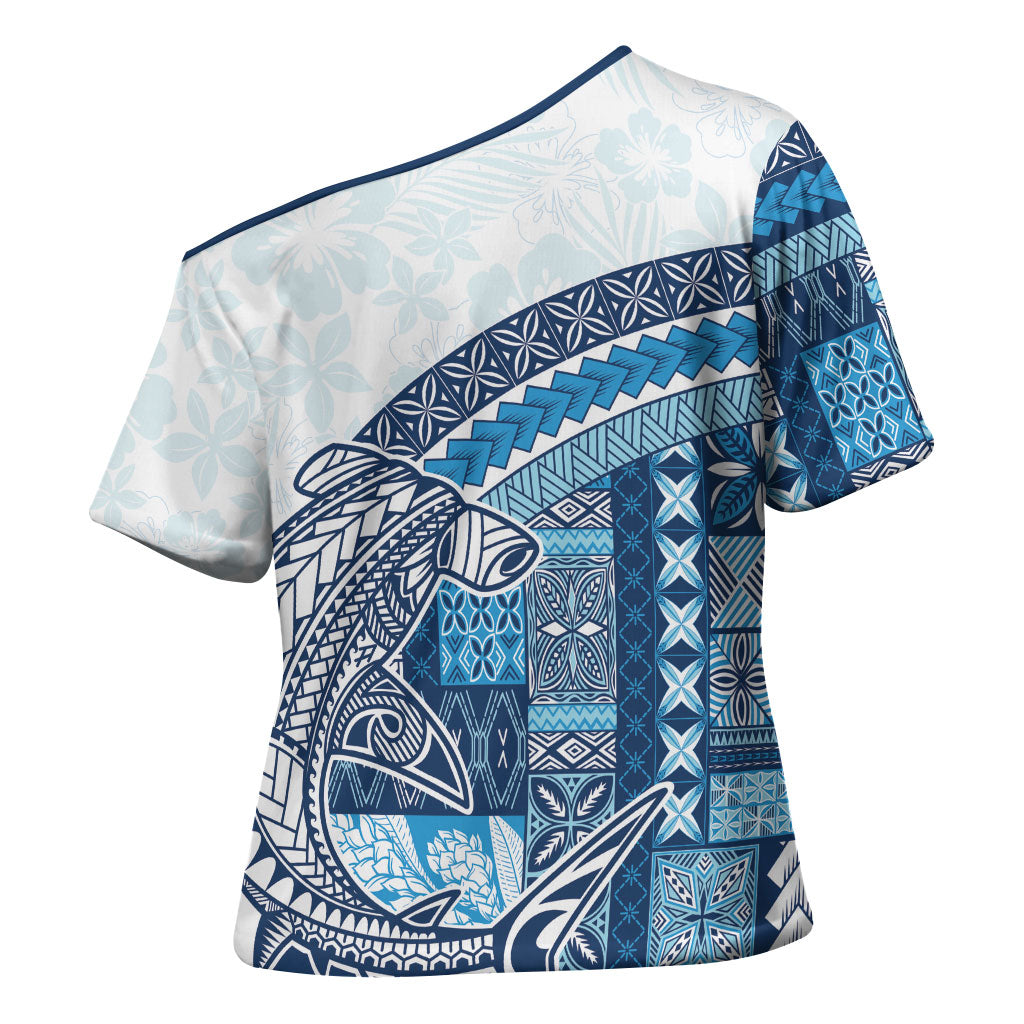 Samoa Mamanu Siapo Royal Blue Cross Shoulder Shirt Tatau Malie LT7 - Polynesian Pride