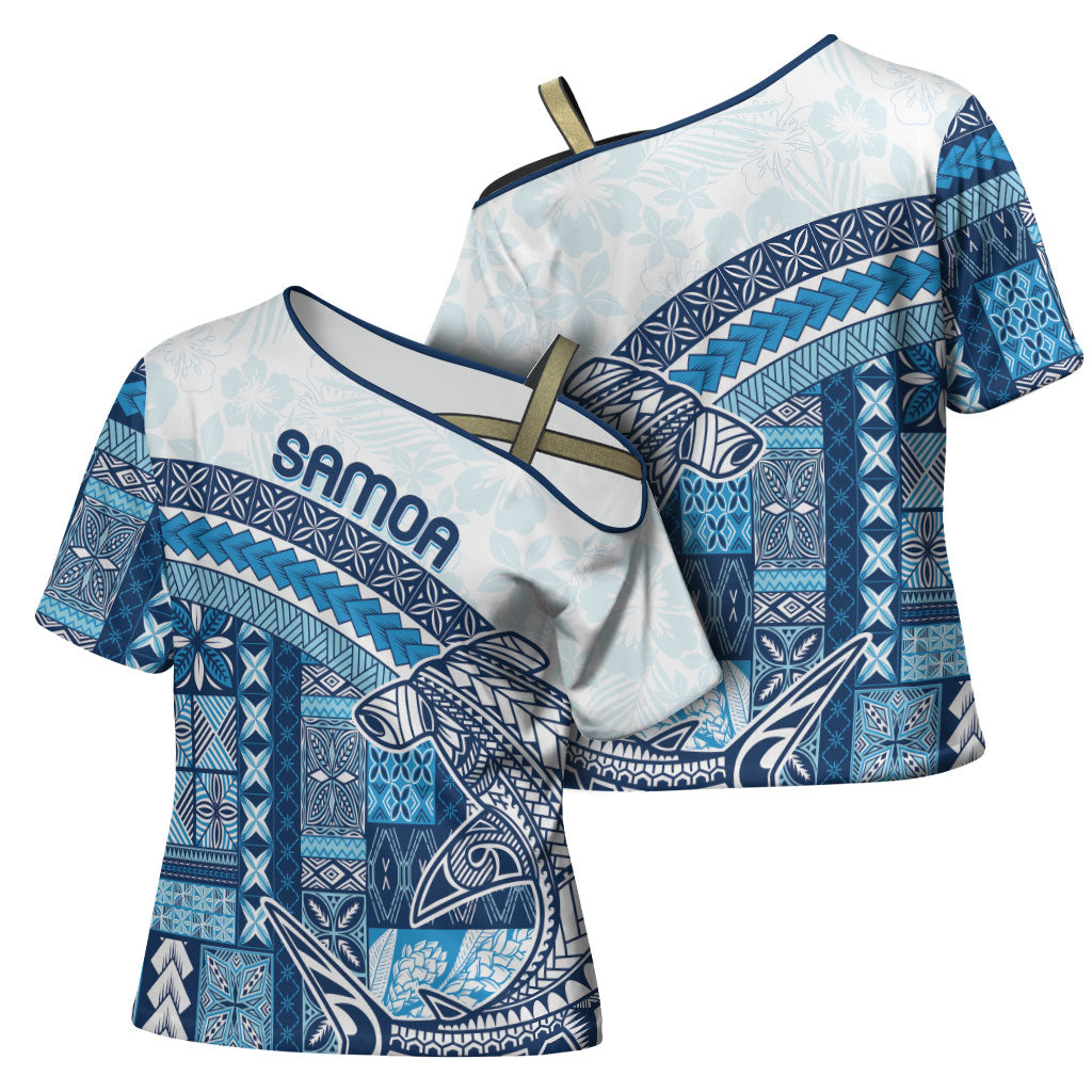 Samoa Mamanu Siapo Royal Blue Cross Shoulder Shirt Tatau Malie LT7 - Polynesian Pride