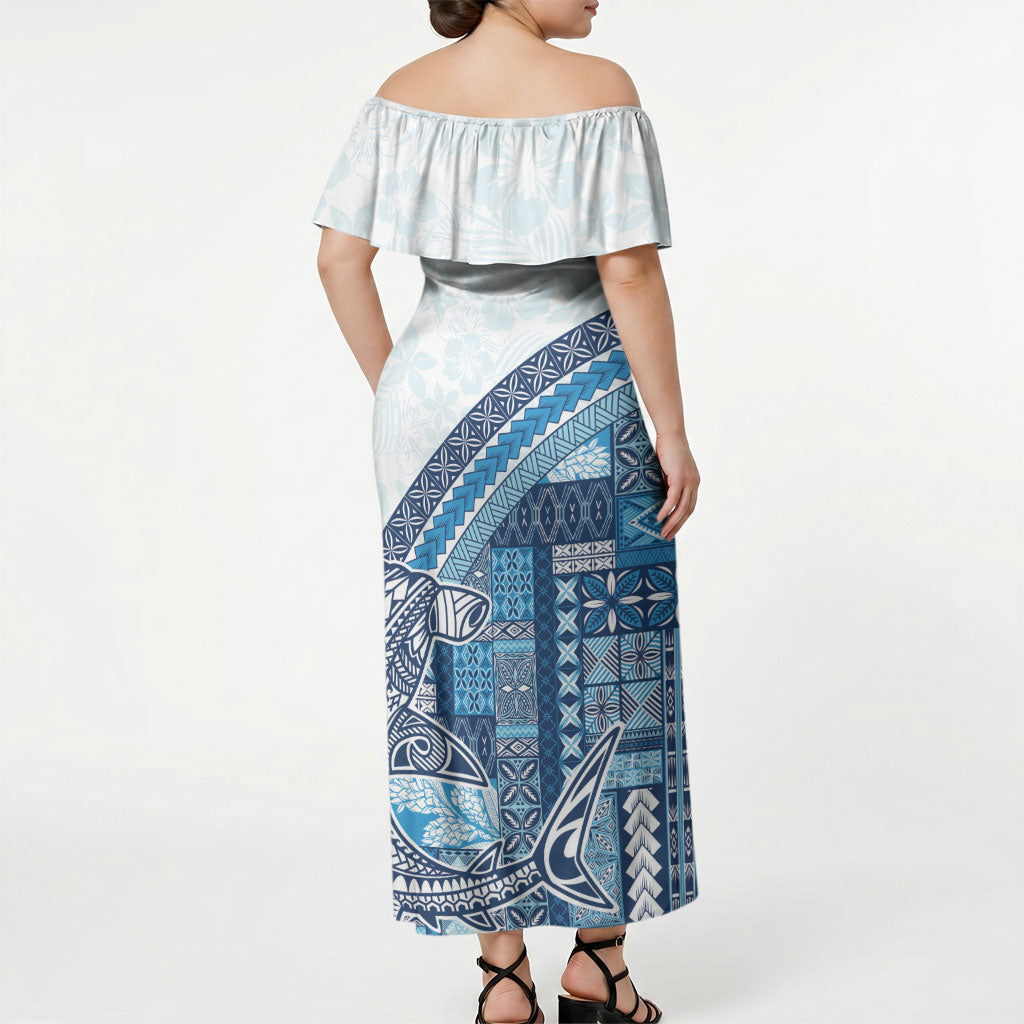 Samoa Mamanu Siapo Royal Blue Off Shoulder Maxi Dress Tatau Malie LT7 - Polynesian Pride