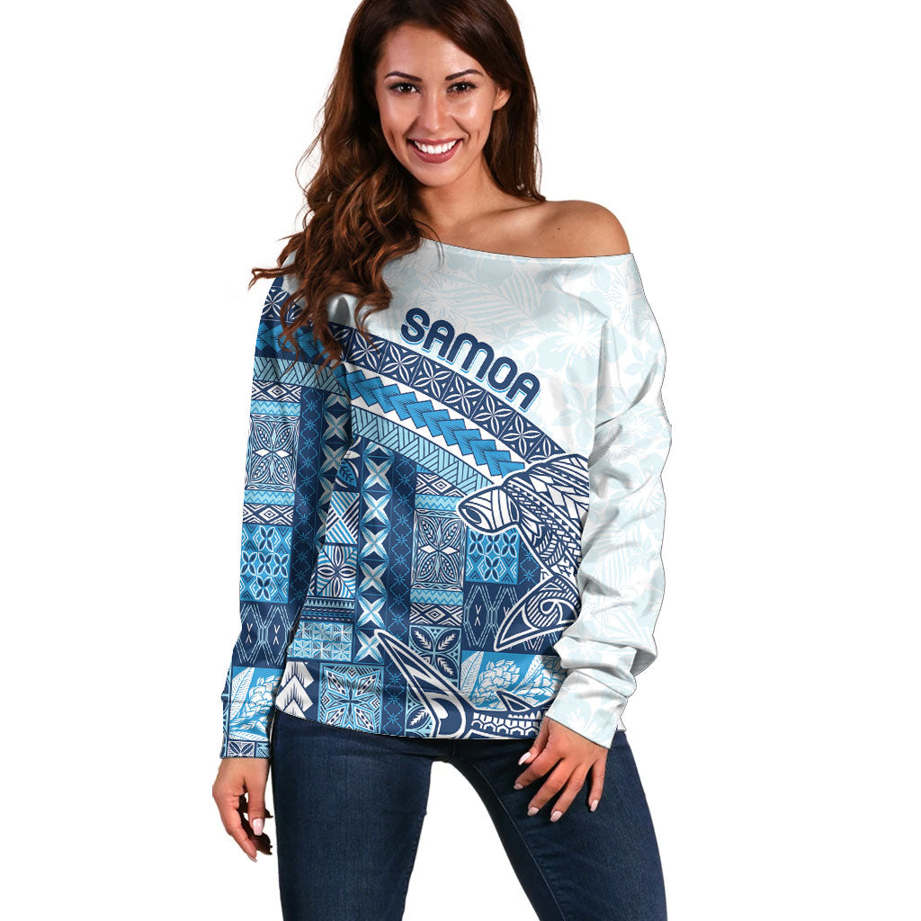Samoa Mamanu Siapo Royal Blue Off Shoulder Sweater Tatau Malie LT7 Women Royal Blue - Polynesian Pride