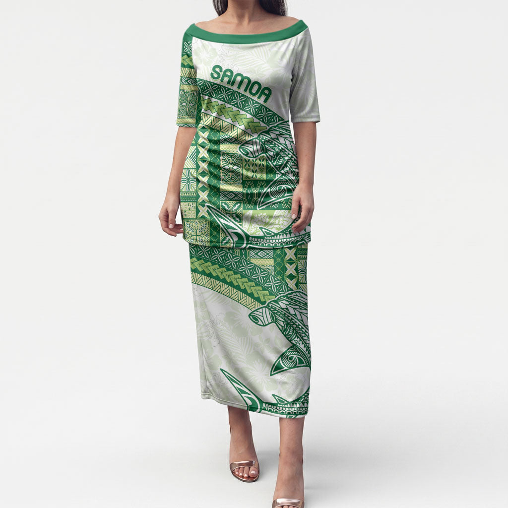 Samoa Mamanu Siapo Forest Green Puletasi Tatau Malie LT7 Long Dress Forest Green - Polynesian Pride