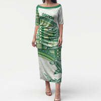 Samoa Mamanu Siapo Forest Green Puletasi Tatau Malie LT7 Long Dress Forest Green - Polynesian Pride