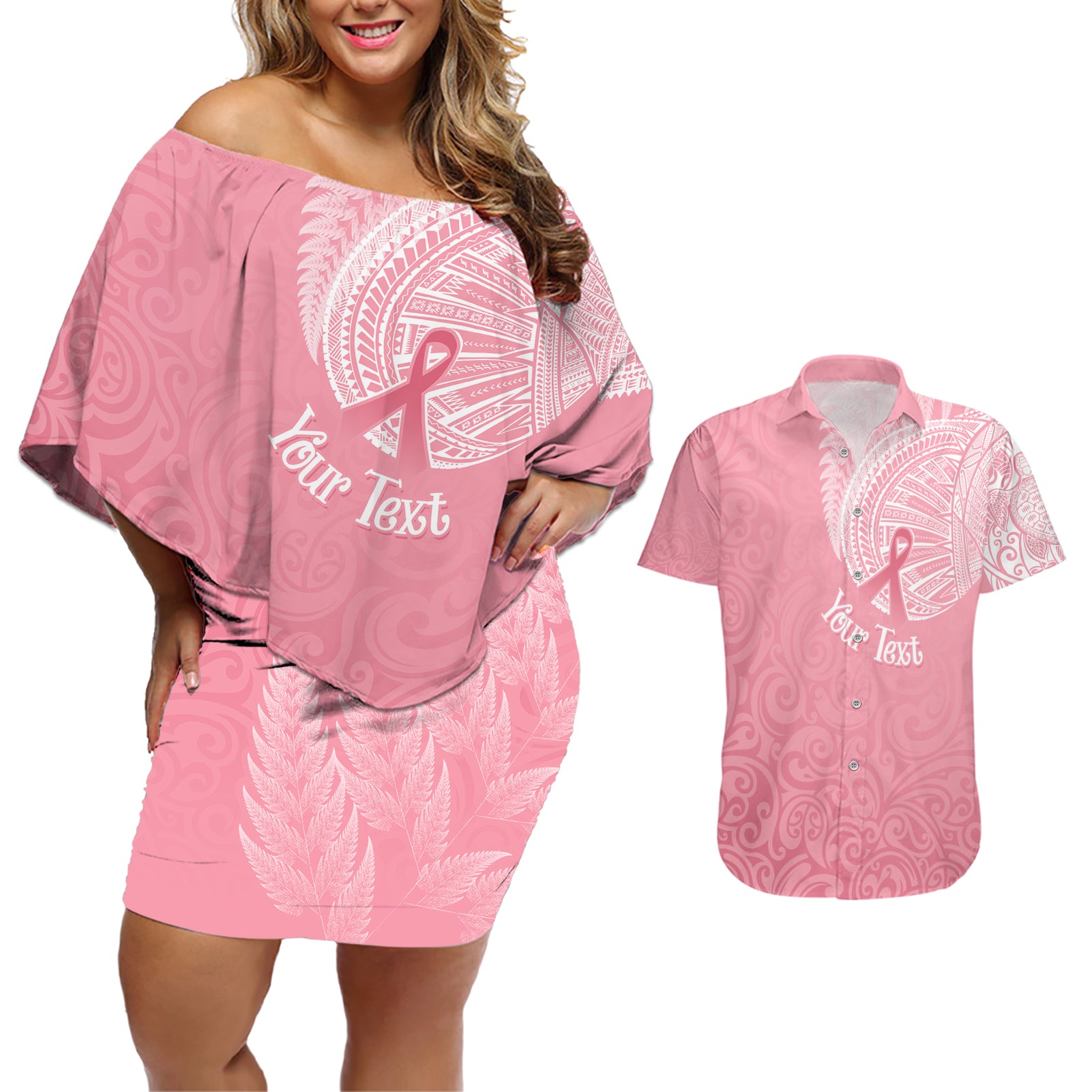 personalised-new-zealand-couples-matching-off-shoulder-short-dress-and-hawaiian-shirt-pink-ribbon-tattoo-mix-silver-fern