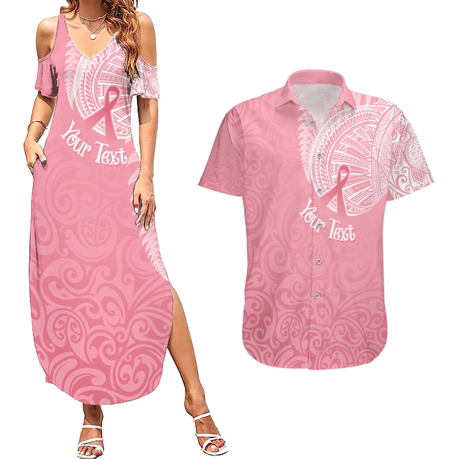 personalised-new-zealand-couples-matching-summer-maxi-dress-and-hawaiian-shirt-pink-ribbon-tattoo-mix-silver-fern