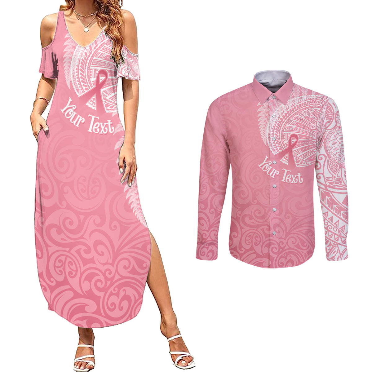 personalised-new-zealand-couples-matching-summer-maxi-dress-and-long-sleeve-button-shirts-pink-ribbon-tattoo-mix-silver-fern