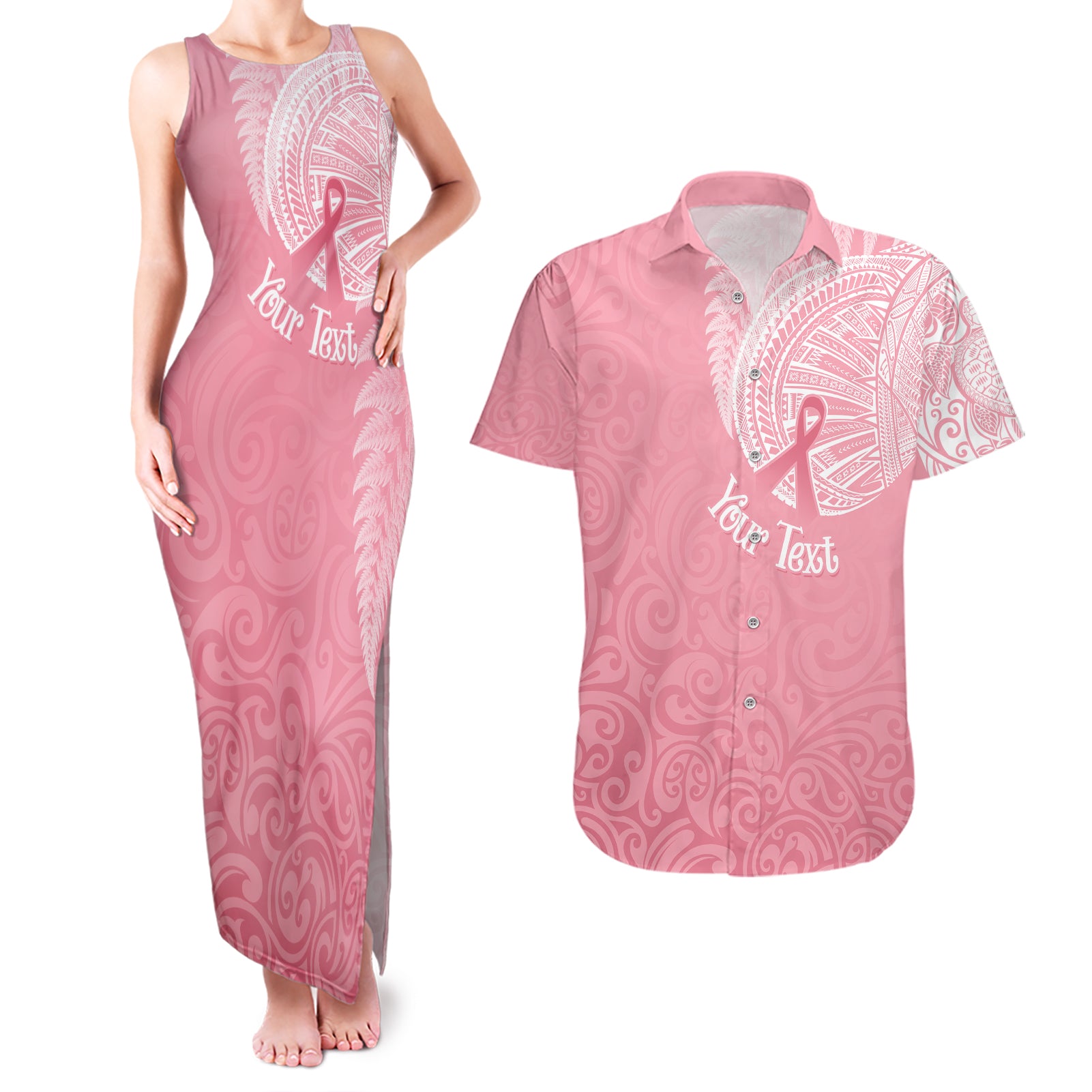 personalised-new-zealand-couples-matching-tank-maxi-dress-and-hawaiian-shirt-pink-ribbon-tattoo-mix-silver-fern