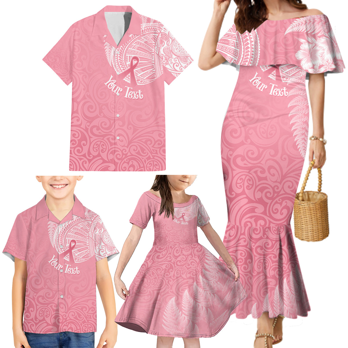 personalised-new-zealand-family-matching-mermaid-dress-and-hawaiian-shirt-pink-ribbon-tattoo-mix-silver-fern