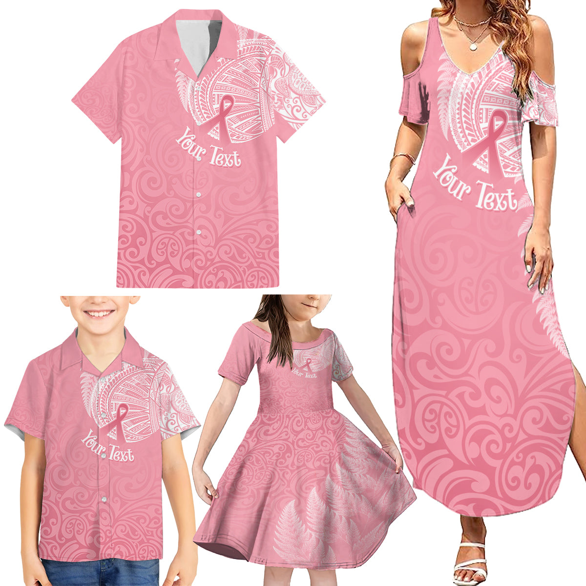 personalised-new-zealand-family-matching-summer-maxi-dress-and-hawaiian-shirt-pink-ribbon-tattoo-mix-silver-fern