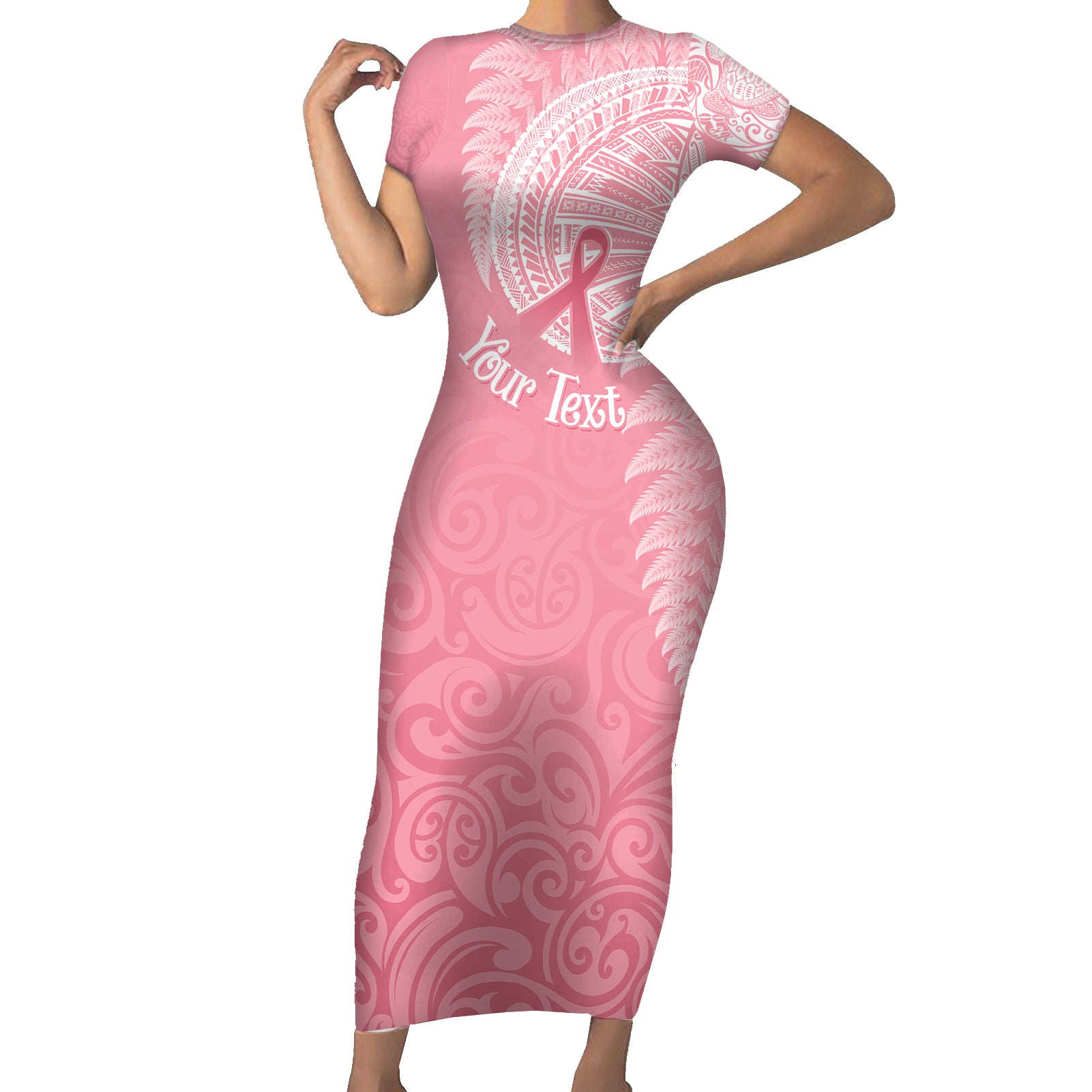 personalised-new-zealand-short-sleeve-bodycon-dress-pink-ribbon-tattoo-mix-silver-fern