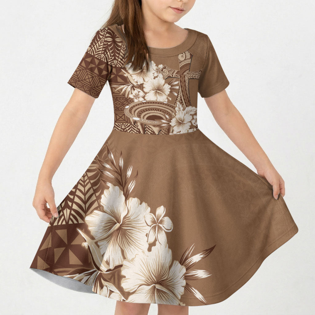 Tonga Ngatu Kupesi Brown Tapa Kid Short Sleeve Dress Koe Otua Mo Tonga Ko Hoku Tofia LT7 KID Mocha - Polynesian Pride