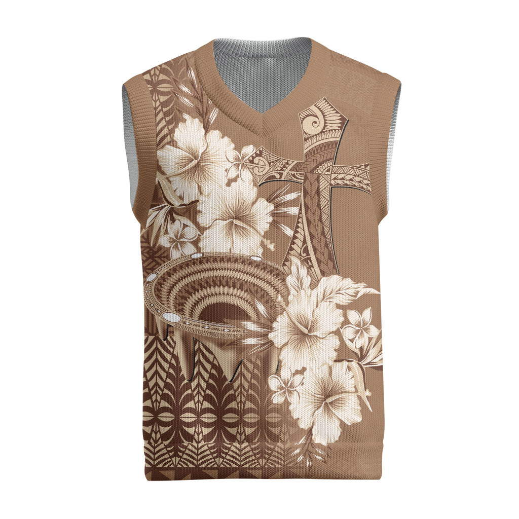 Tonga Ngatu Kupesi Brown Tapa Christmas Knitted V-Neck Vest Koe Otua Mo Tonga Ko Hoku Tofia LT7 Mocha - Polynesian Pride