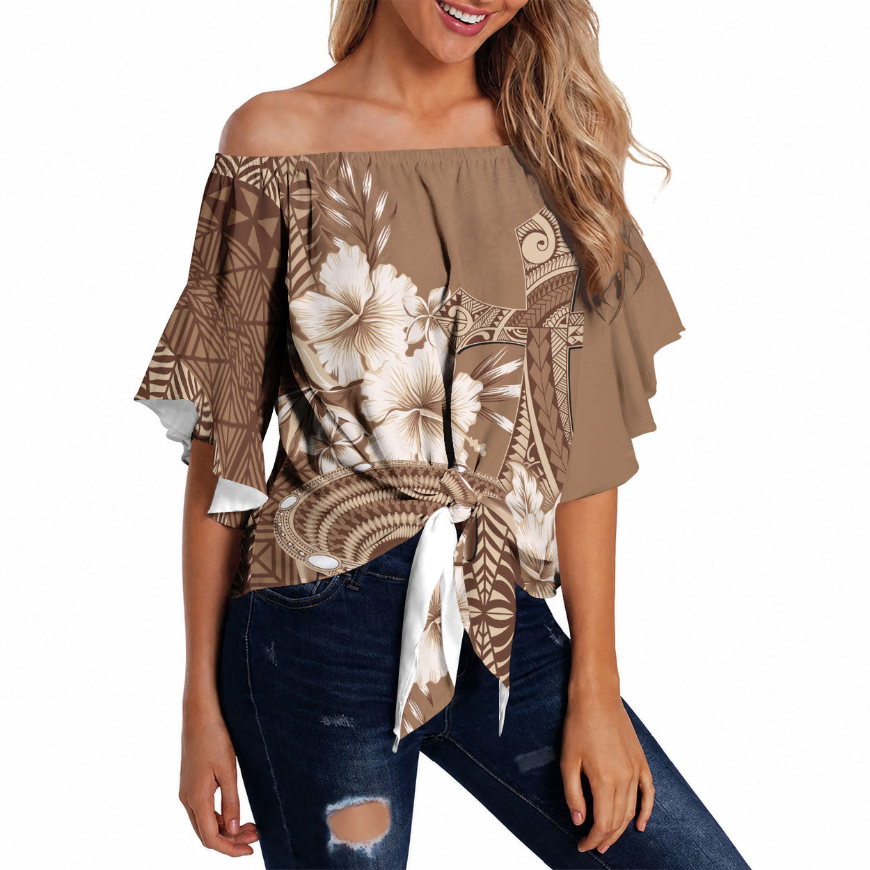 Tonga Ngatu Kupesi Brown Tapa Off Shoulder Wrap Waist Top Koe Otua Mo Tonga Ko Hoku Tofia LT7 Mocha - Polynesian Pride