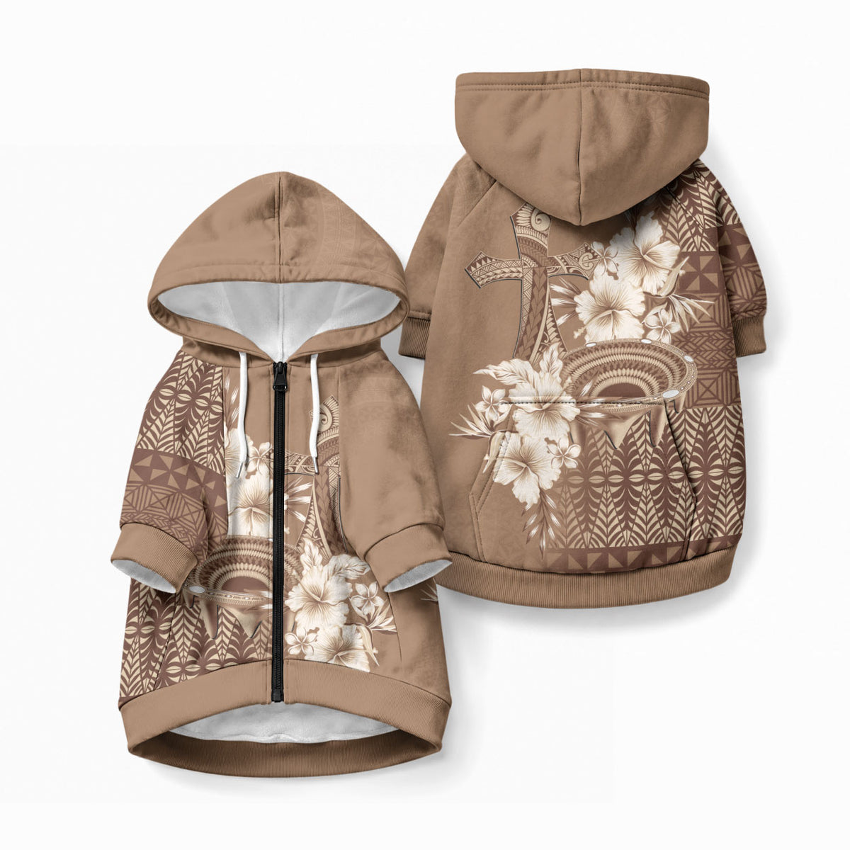 Tonga Ngatu Kupesi Brown Tapa Pet Hoodie Koe Otua Mo Tonga Ko Hoku Tofia LT7 Zip-up Mocha - Polynesian Pride