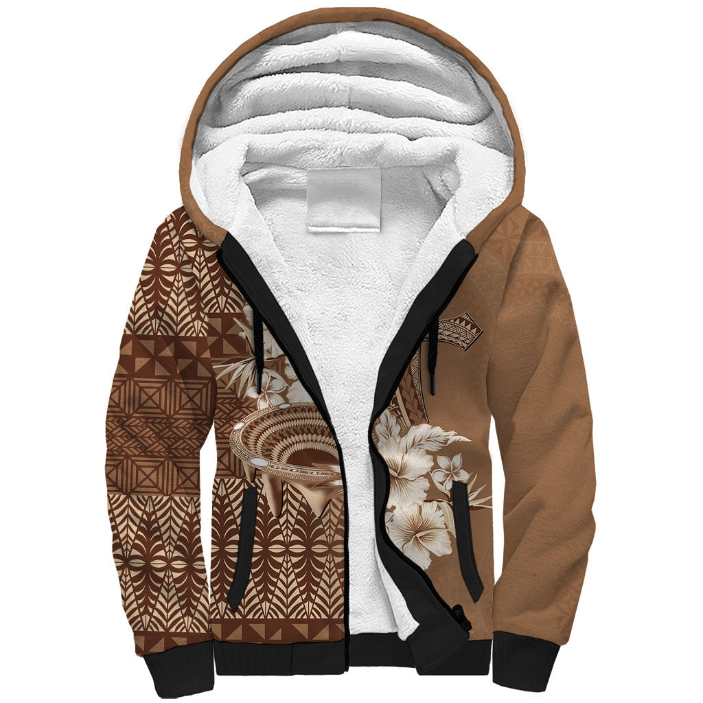 Tonga Ngatu Kupesi Brown Tapa Sherpa Hoodie Koe Otua Mo Tonga Ko Hoku Tofia LT7 Unisex Mocha - Polynesian Pride