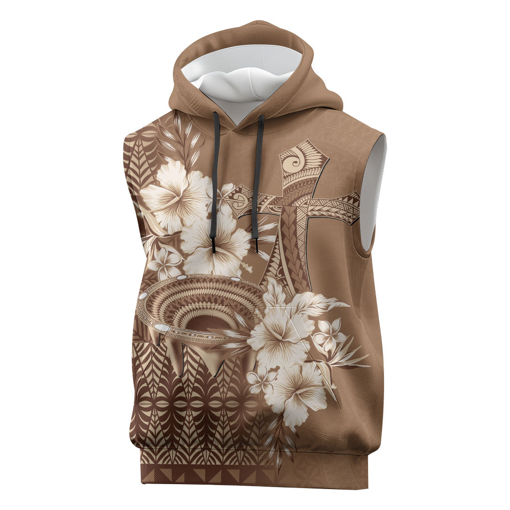 Tonga Ngatu Kupesi Brown Tapa Sleeveless Hoodie Koe Otua Mo Tonga Ko Hoku Tofia LT7 Mocha - Polynesian Pride
