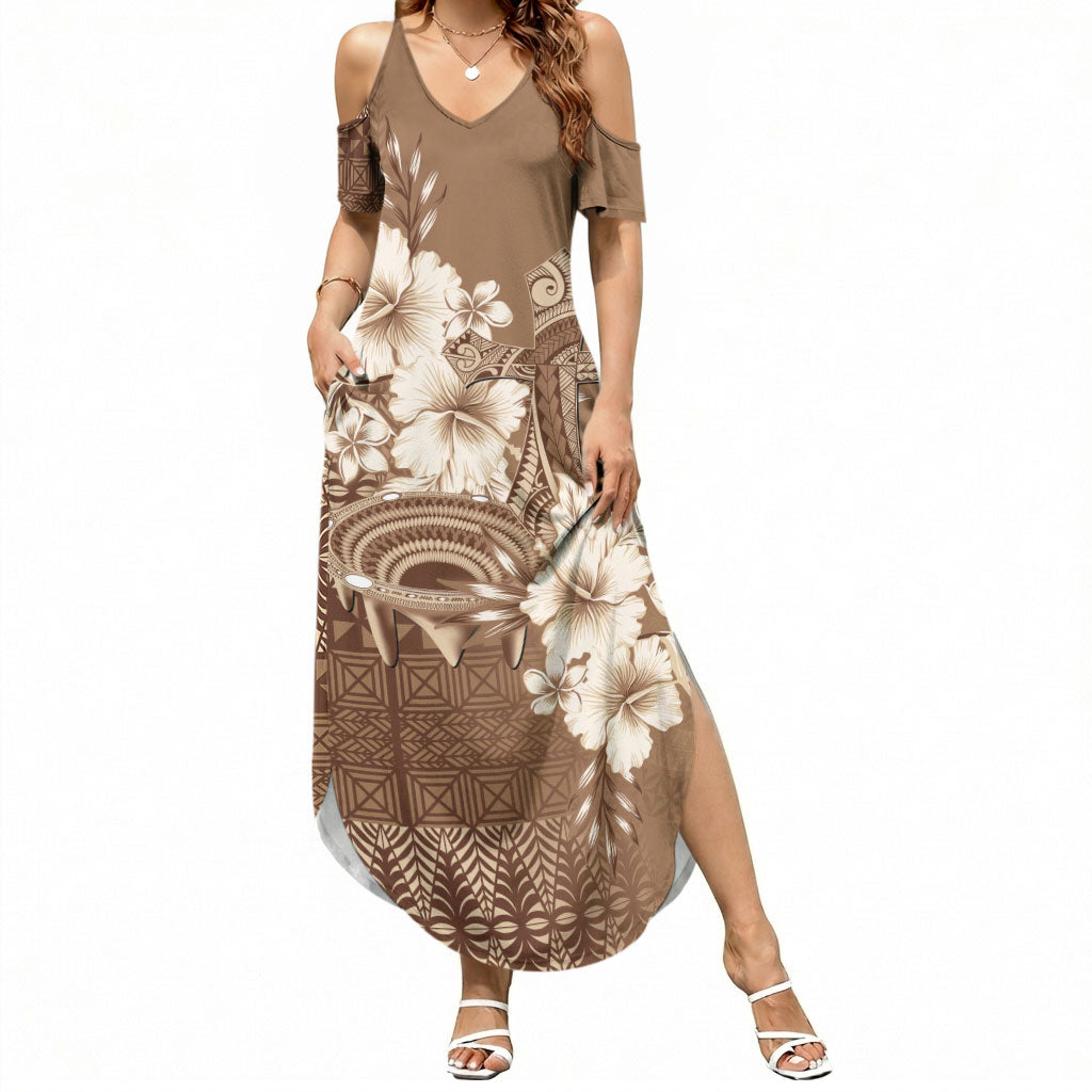 Tonga Ngatu Kupesi Brown Tapa Summer Maxi Dress Koe Otua Mo Tonga Ko Hoku Tofia LT7 Women Mocha - Polynesian Pride