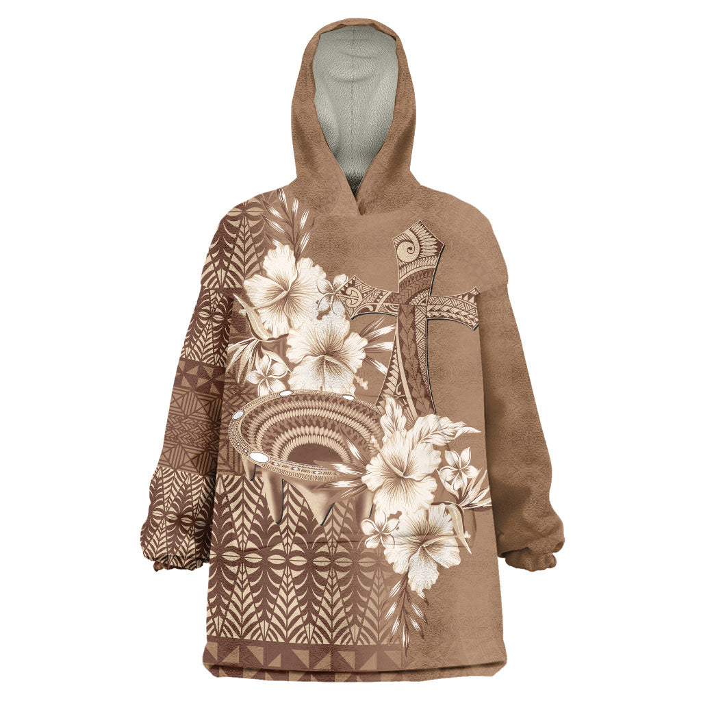 Tonga Ngatu Kupesi Brown Tapa Wearable Blanket Hoodie Koe Otua Mo Tonga Ko Hoku Tofia LT7 One Size Mocha - Polynesian Pride