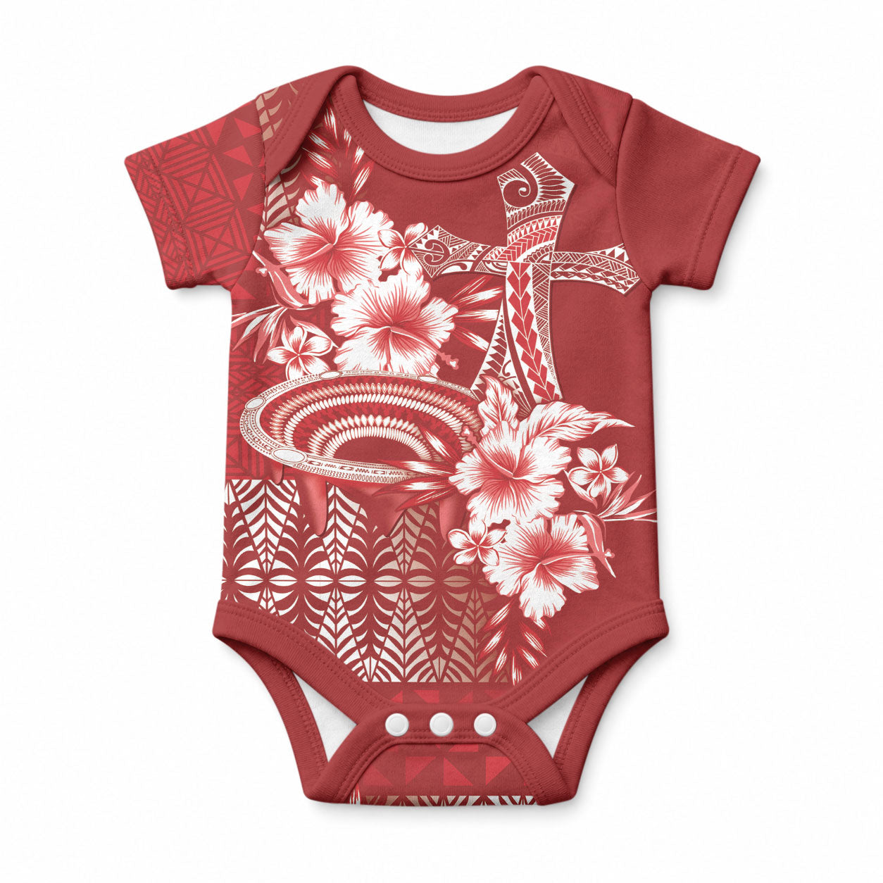 Tonga Ngatu Kupesi Royal Red Baby Onesie Koe Otua Mo Tonga Ko Hoku Tofia LT7 Red - Polynesian Pride