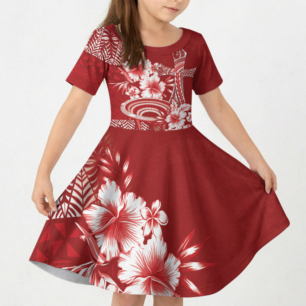 Tonga Ngatu Kupesi Royal Red Kid Short Sleeve Dress Koe Otua Mo Tonga Ko Hoku Tofia LT7 KID Red - Polynesian Pride
