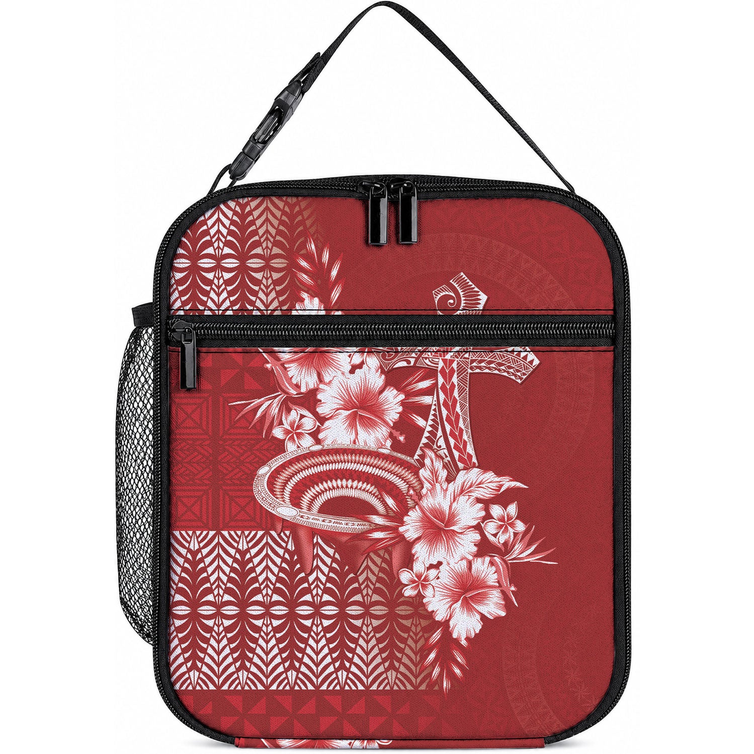 Tonga Ngatu Kupesi Royal Red Lunch Bag Koe Otua Mo Tonga Ko Hoku Tofia LT7 10.2 × 8.3 × 4.3 inch Red - Polynesian Pride