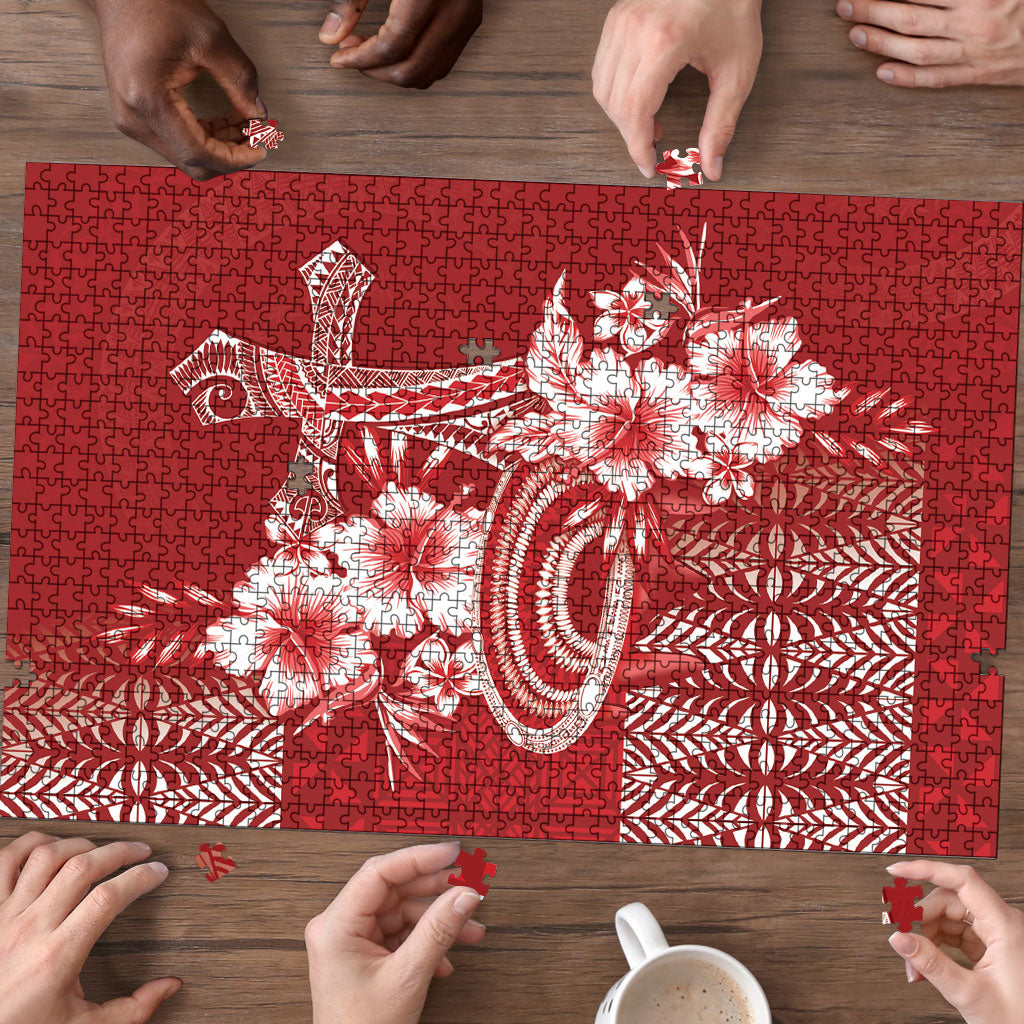 Tonga Ngatu Kupesi Royal Red Puzzle Koe Otua Mo Tonga Ko Hoku Tofia LT7 - Polynesian Pride