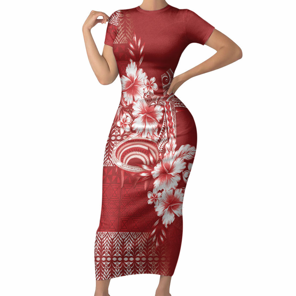 Tonga Ngatu Kupesi Royal Red Short Sleeve Bodycon Dress Koe Otua Mo Tonga Ko Hoku Tofia LT7 Long Dress Red - Polynesian Pride