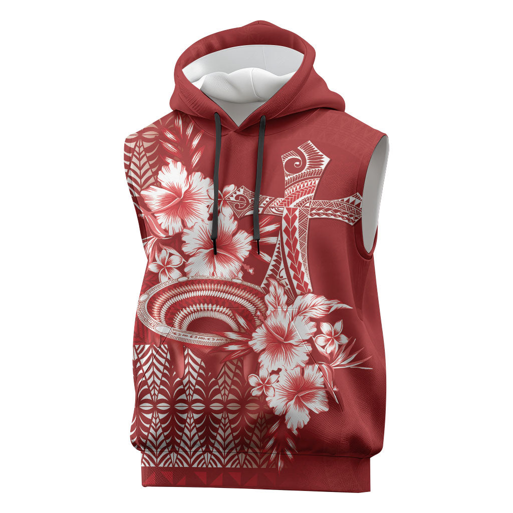 Tonga Ngatu Kupesi Royal Red Sleeveless Hoodie Koe Otua Mo Tonga Ko Hoku Tofia LT7 Red - Polynesian Pride