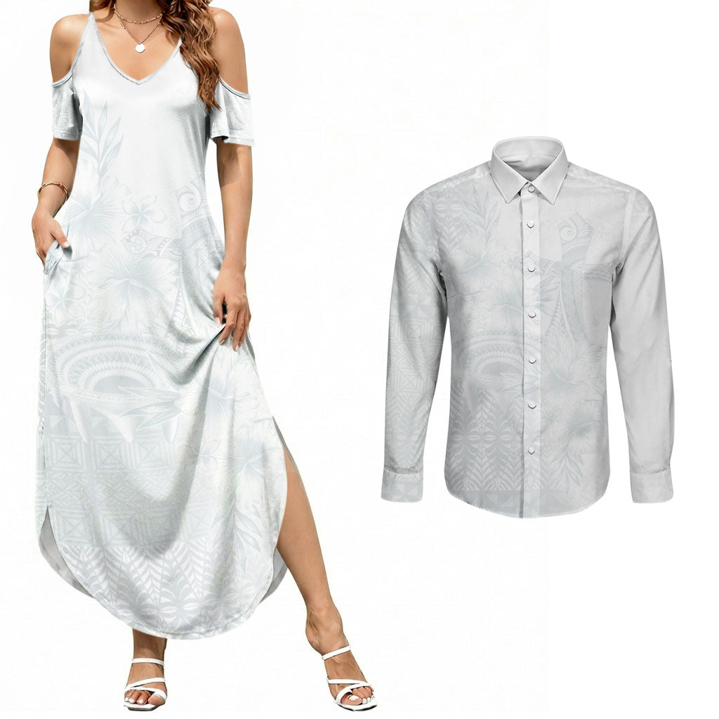 Tonga Ngatu Kupesi White Sunday Fakame Couples Matching Summer Maxi Dress and Long Sleeve Button Shirt Koe Otua Mo Tonga Ko Hoku Tofia LT7 White - Polynesian Pride