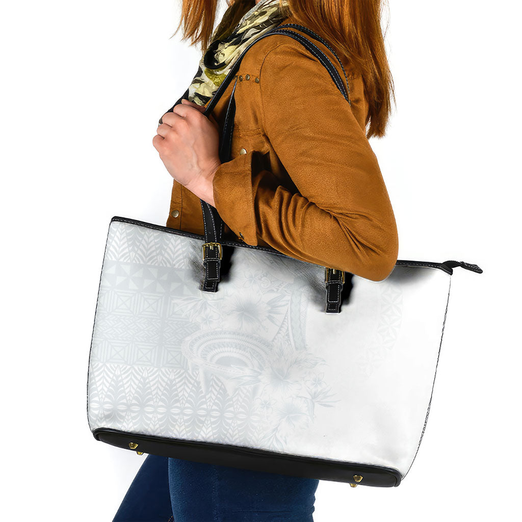 Tonga Ngatu Kupesi White Sunday Fakame Leather Tote Bag Koe Otua Mo Tonga Ko Hoku Tofia LT7 White - Polynesian Pride