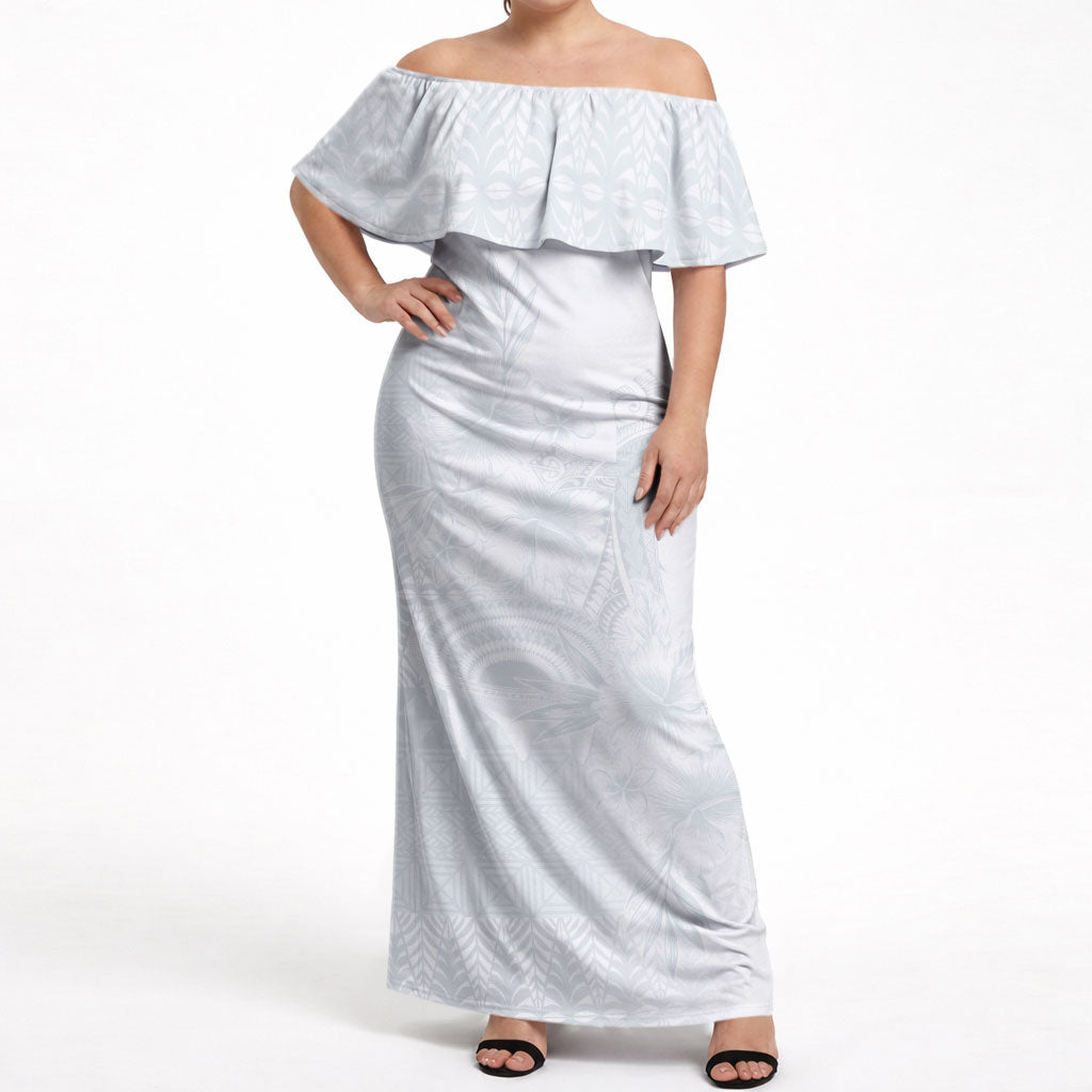 Tonga Ngatu Kupesi White Sunday Fakame Off Shoulder Maxi Dress Koe Otua Mo Tonga Ko Hoku Tofia LT7 Women White - Polynesian Pride